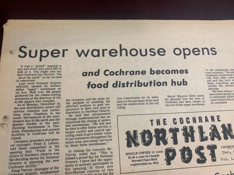 National Grocers warehouse opening and runaway snowmobile featured on Cochrane history